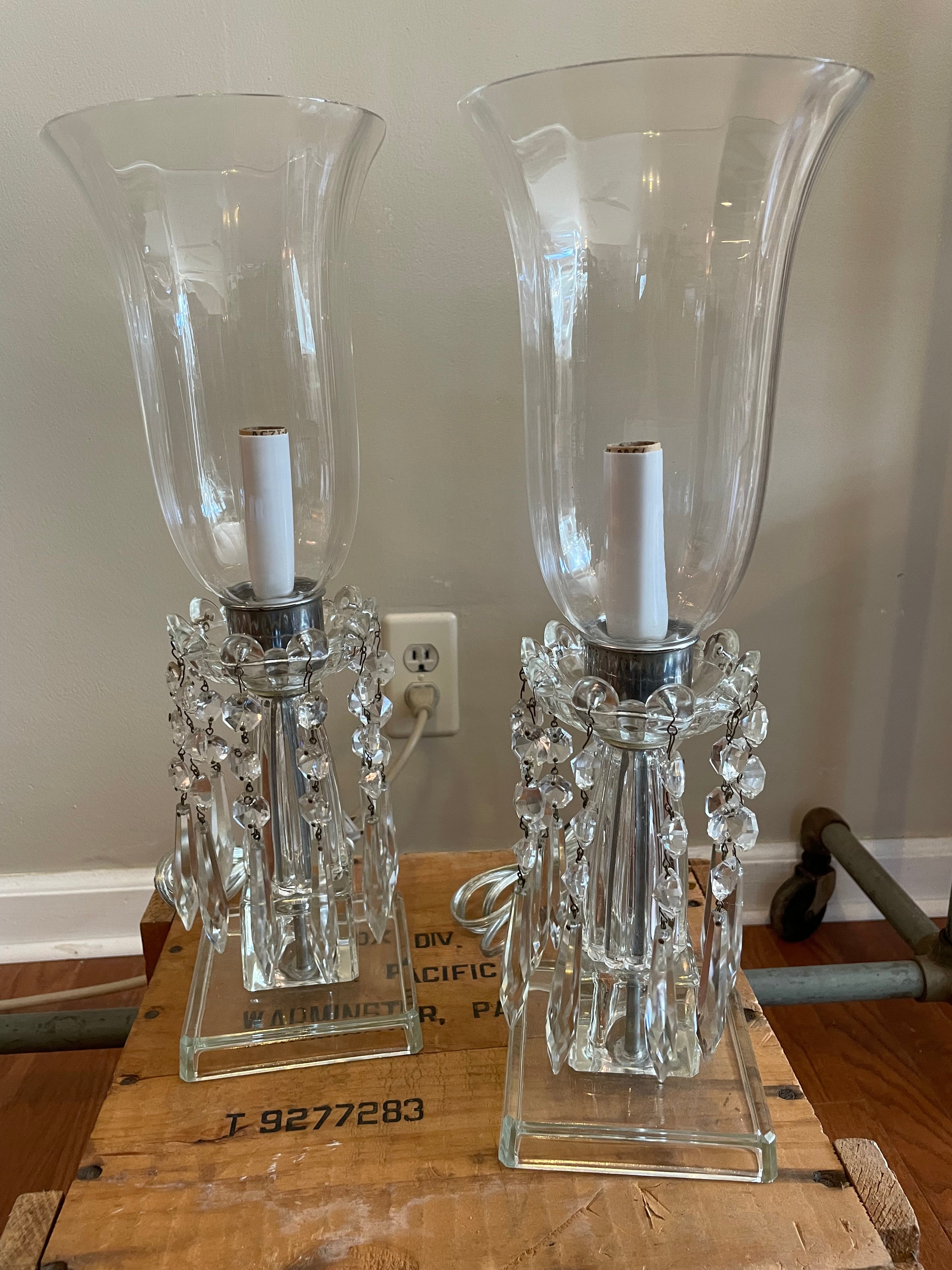 Pair of Vintage Crystal Prism Hurricane Lamps Merchantville Antiques